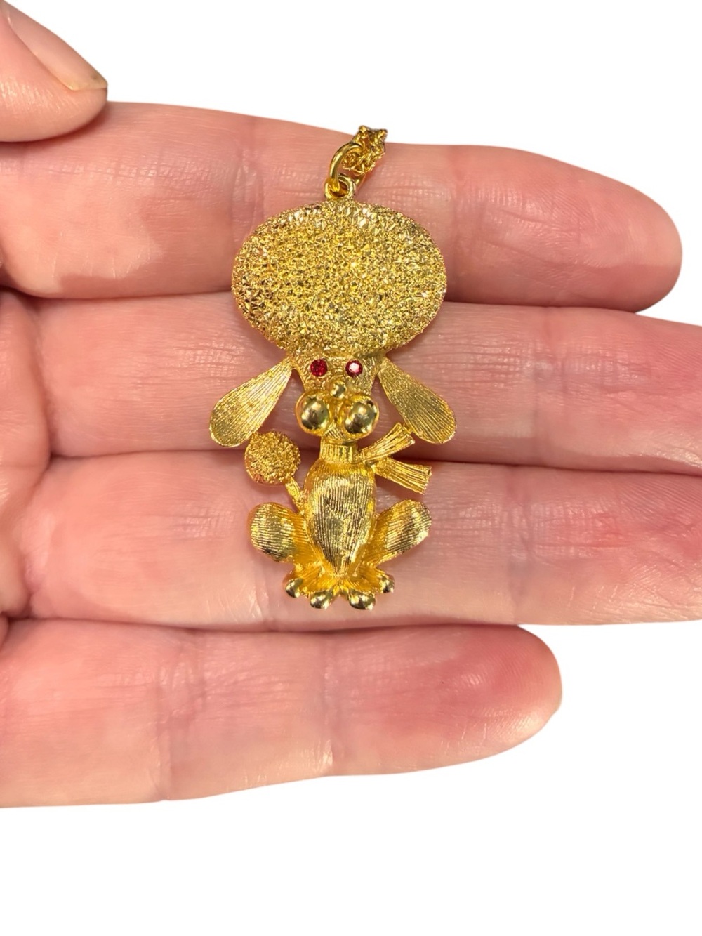 Vintage Gold Tone Poodle Pendant Necklace with Red Accent Stones